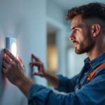 A photograph of a lighting contractor installing a light switch sensor in a modern home setting
