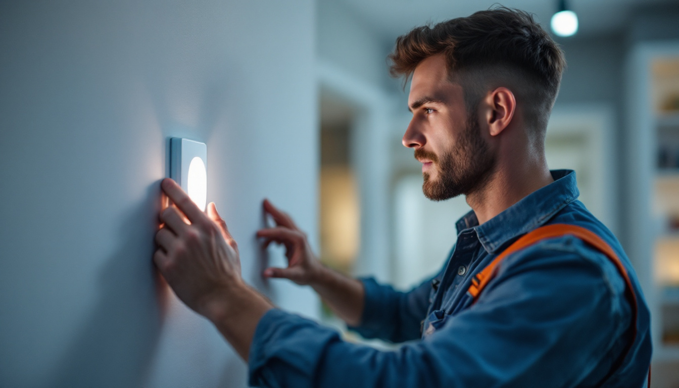 A photograph of a lighting contractor installing a light switch sensor in a modern home setting
