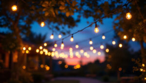 A photograph of a beautifully illuminated outdoor space featuring led string lights
