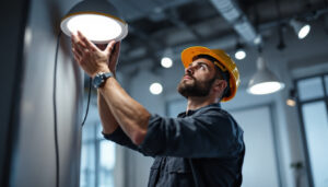A photograph of a lighting contractor expertly installing mr16 led lights in a modern space