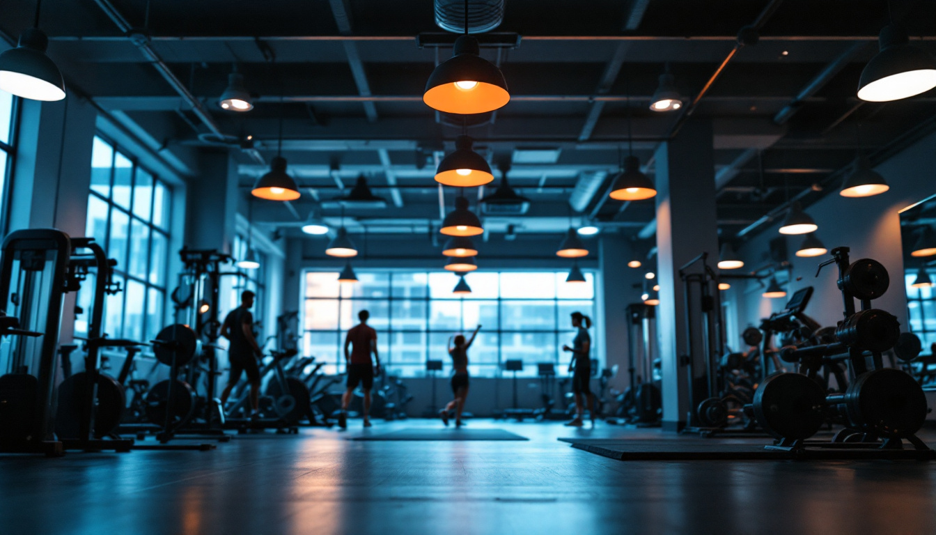 A photograph of a well-lit gym interior showcasing various lighting fixtures in action