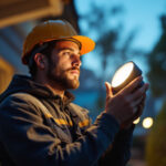 A photograph of a lighting contractor installing or adjusting flood light fixtures in an outdoor setting