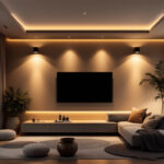 A photograph of a modern living space showcasing stylish can lights installed in the ceiling