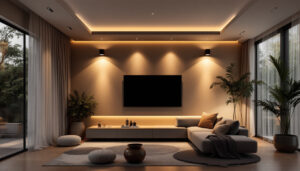A photograph of a modern living space showcasing stylish can lights installed in the ceiling
