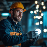 A photograph of a skilled lighting contractor working with led light bulbs in a well-lit environment
