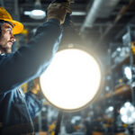 A photograph of a lighting contractor in action