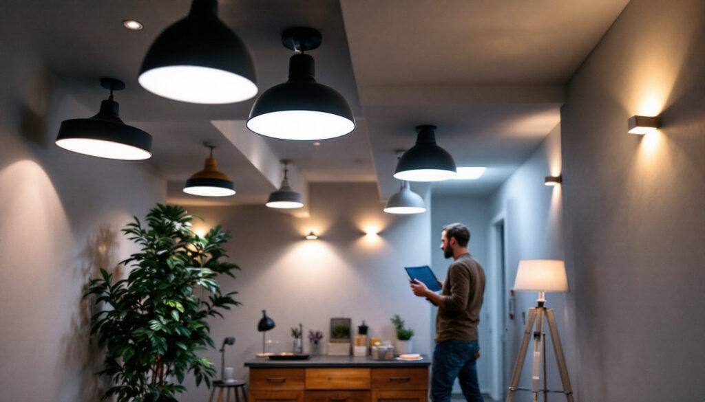 A photograph of a well-lit basement showcasing modern ceiling lights in various styles