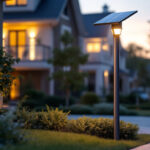 A photograph of a solar-powered post light installed in a residential or commercial setting
