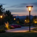 A photograph of a solar light installation in a beautifully landscaped outdoor setting
