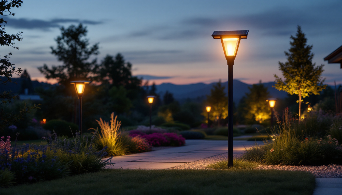 A photograph of a solar light installation in a beautifully landscaped outdoor setting