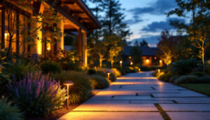 A photograph of a beautifully illuminated outdoor space at dusk