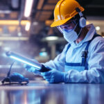 A photograph of a lighting contractor using uv-c lamps in a commercial setting