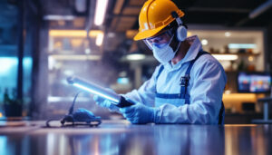 A photograph of a lighting contractor using uv-c lamps in a commercial setting
