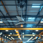 A photograph of a well-lit warehouse interior showcasing energy-efficient lighting fixtures in use