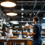 A photograph of a well-lit retail space showcasing various led shop lighting fixtures