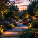 A photograph of a beautifully illuminated garden at dusk