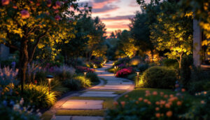 A photograph of a beautifully illuminated garden at dusk