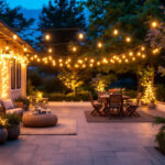 A photograph of a beautifully lit outdoor patio adorned with string lights