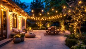 A photograph of a beautifully lit outdoor patio adorned with string lights