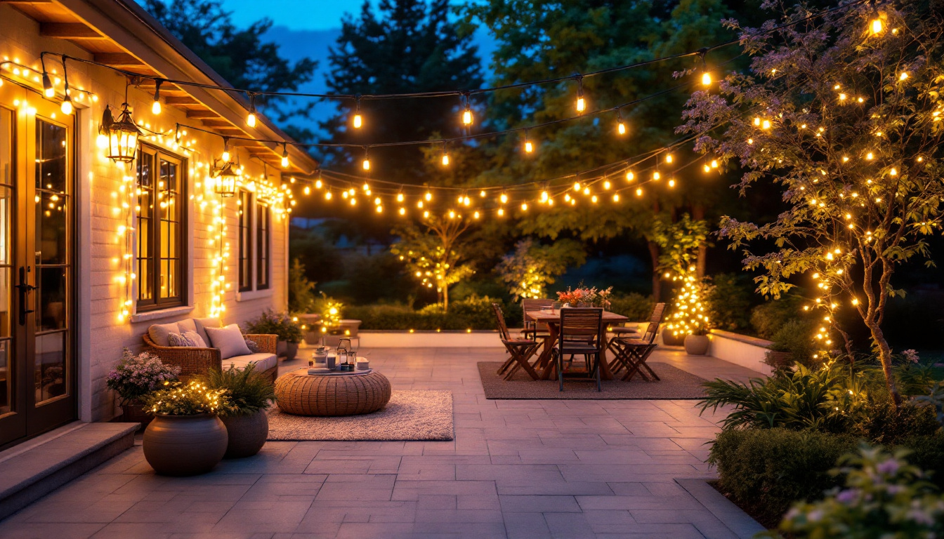 A photograph of a beautifully lit outdoor patio adorned with string lights