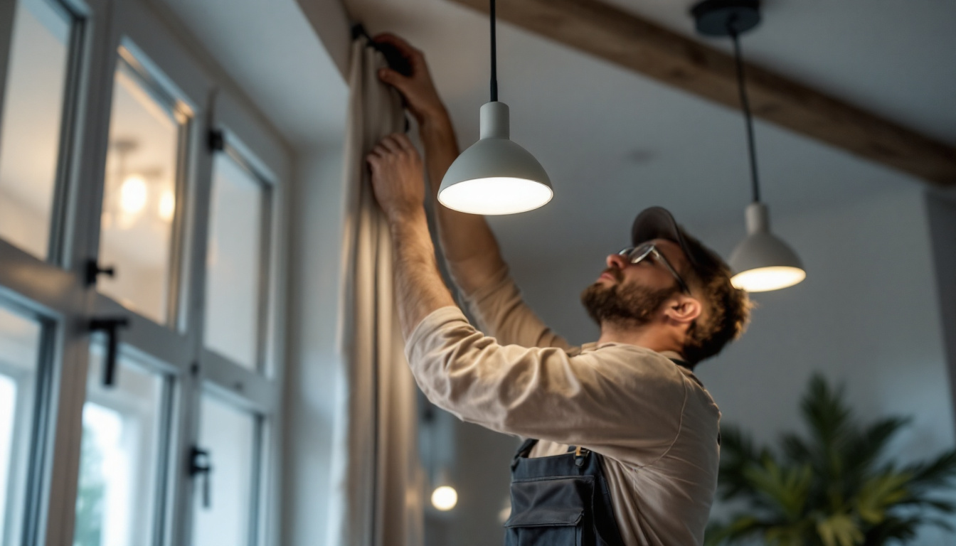 A photograph of a skilled lighting contractor installing or adjusting euri lighting fixtures in a well-lit residential or commercial space