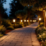 A photograph of a beautifully illuminated outdoor path lined with stylish solar-powered lights