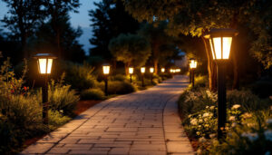 A photograph of a beautifully illuminated outdoor path lined with stylish solar-powered lights