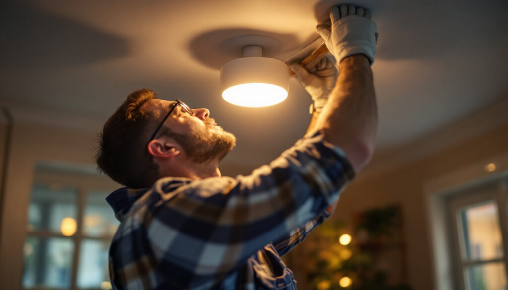 A photograph of a lighting contractor installing or adjusting ge lights in a residential or commercial setting