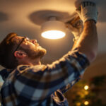 A photograph of a lighting contractor installing or adjusting ge lights in a residential or commercial setting