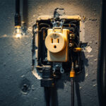 A photograph of a close-up of a power receptacle installed in a well-lit environment