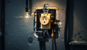 A photograph of a close-up of a power receptacle installed in a well-lit environment