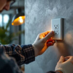 A photograph of a skilled lighting contractor installing a modern wall receptacle in a stylish interior setting