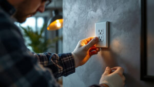 A photograph of a skilled lighting contractor installing a modern wall receptacle in a stylish interior setting