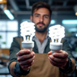 A photograph of a lighting contractor examining both t8 and t12 fluorescent bulbs side by side