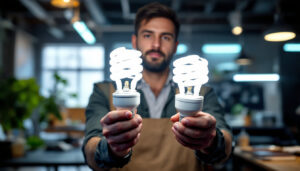 A photograph of a lighting contractor examining both t8 and t12 fluorescent bulbs side by side
