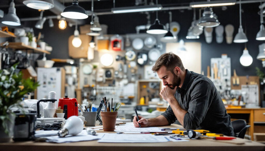 A photograph of a well-organized workspace featuring various led lighting supplies