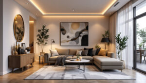 A photograph of a beautifully designed room featuring recessed remodel can lights