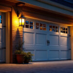 A photograph of capture a photograph of a beautifully lit garage door adorned with stylish lanterns