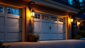A photograph of capture a photograph of a beautifully lit garage door adorned with stylish lanterns