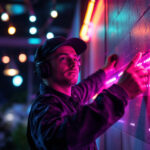A photograph of a lighting contractor expertly installing or showcasing vibrant rgb led lights in a modern interior or outdoor setting