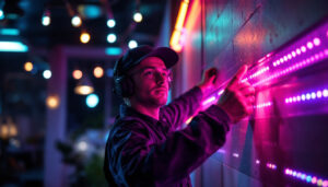 A photograph of a lighting contractor expertly installing or showcasing vibrant rgb led lights in a modern interior or outdoor setting