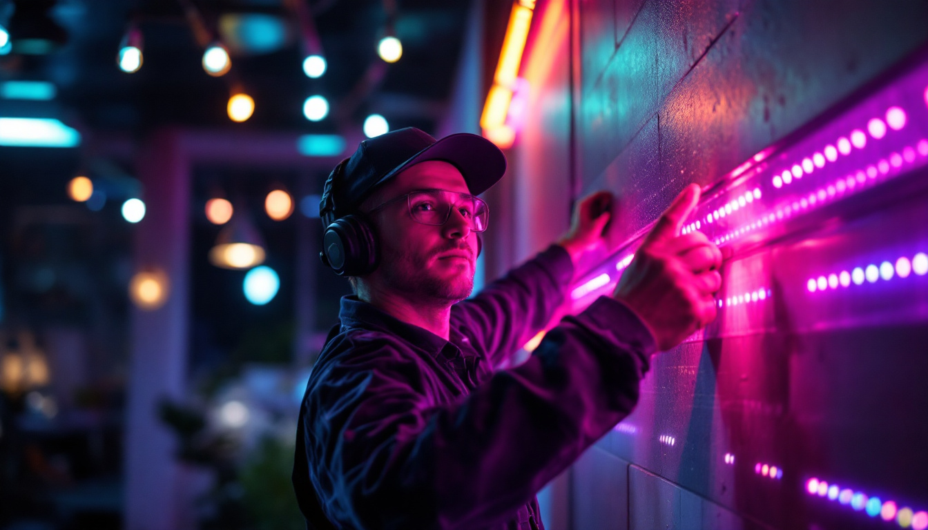 A photograph of a lighting contractor expertly installing or showcasing vibrant rgb led lights in a modern interior or outdoor setting