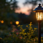 A photograph of a beautifully illuminated outdoor solar pole lantern in a serene garden setting during twilight
