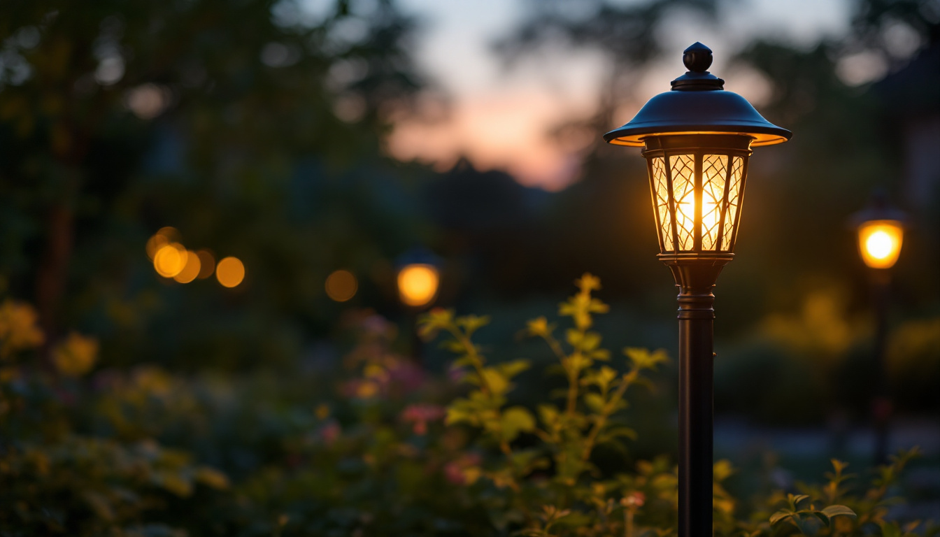 A photograph of a beautifully illuminated outdoor solar pole lantern in a serene garden setting during twilight