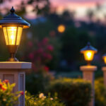 A photograph of a beautifully lit outdoor scene featuring solar lights mounted on decorative posts