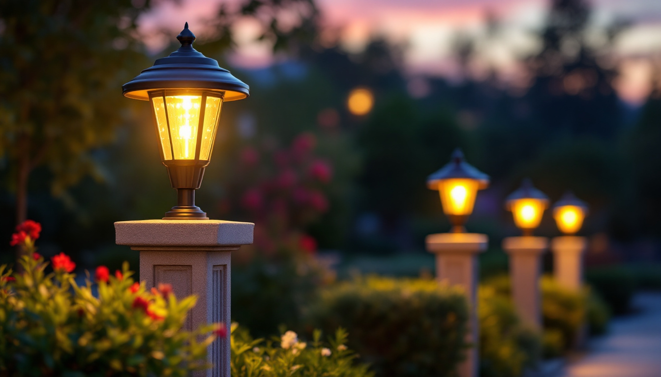 A photograph of a beautifully lit outdoor scene featuring solar lights mounted on decorative posts