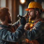 A photograph of a skilled lighting contractor at work