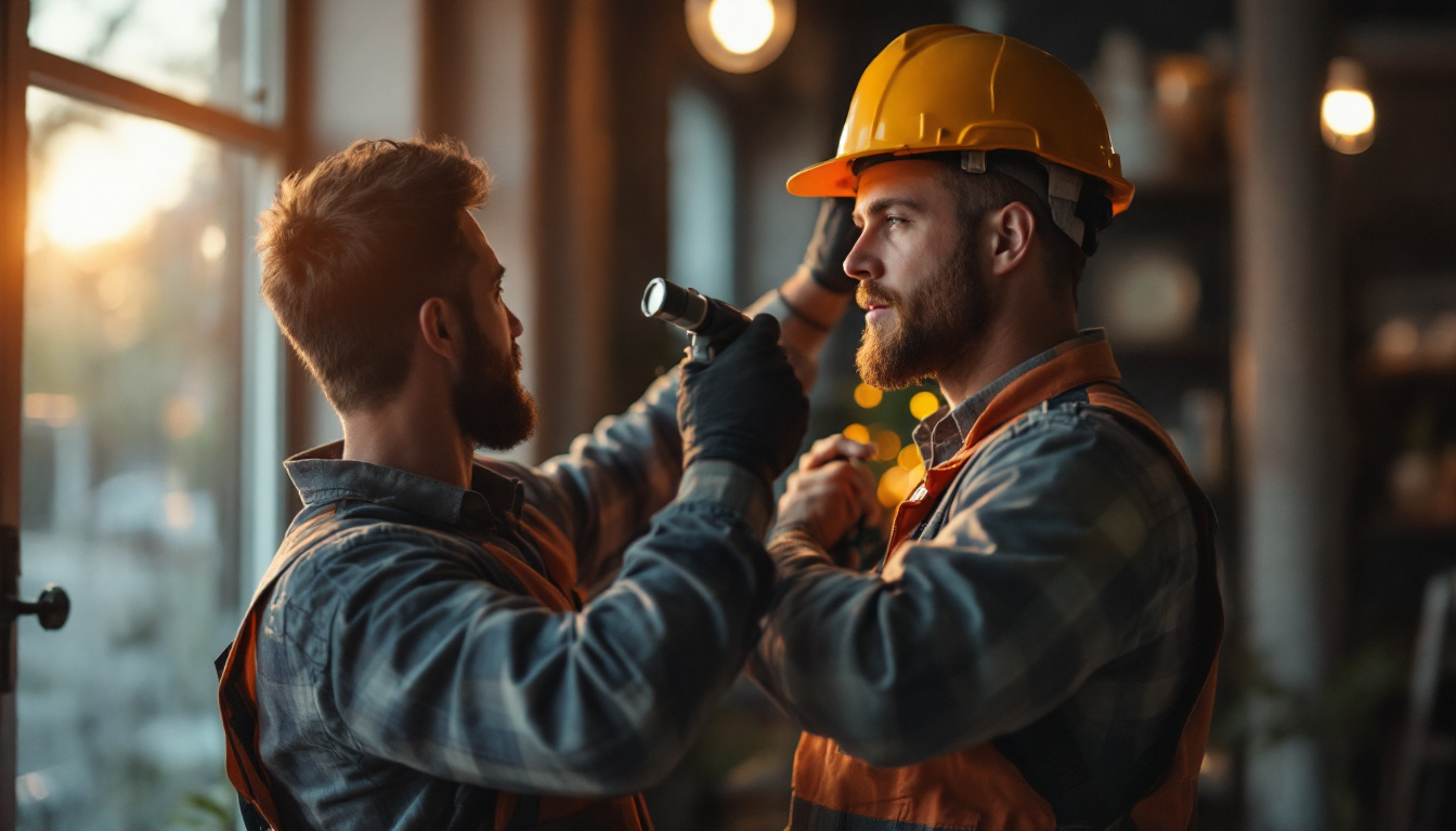 A photograph of a skilled lighting contractor at work