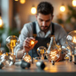 A photograph of a beautifully arranged display of decorative led bulbs in various shapes and colors