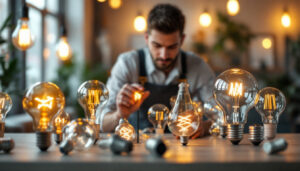 A photograph of a beautifully arranged display of decorative led bulbs in various shapes and colors